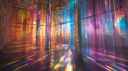 Vivid streaks of light cascading from the podium, painting the room with a kaleidoscope of colors.