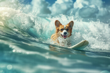 Adorable baby-faced corgi dog joyfully surfing a big wave in Hawaii. Perfect for pet-related advertisements, surfing-themed products, or vacation destination promotions. - obrazy, fototapety, plakaty