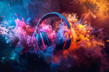 Illustration capturing stereo headphones exploding in a festive burst of color, dust, and smoke, illuminated by vibrant light effects.  - obrazy, fototapety, plakaty