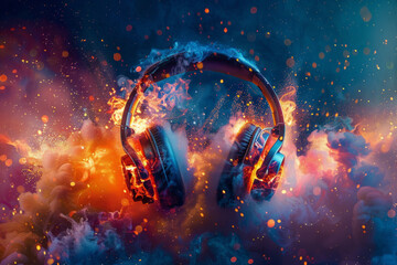 Vibrant illustration of stereo headphones exploding in a colorful splash, emitting dust and smoke with dynamic light effects. - obrazy, fototapety, plakaty