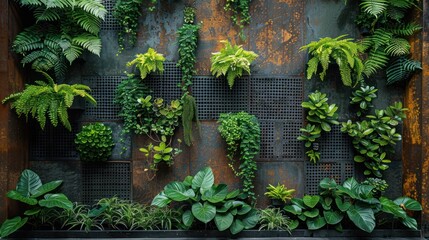 Industrial Oasis - A fusion of raw metal and lush greenery in a vertical garden with a tranquil waterfall, embodying an urban jungle retreat