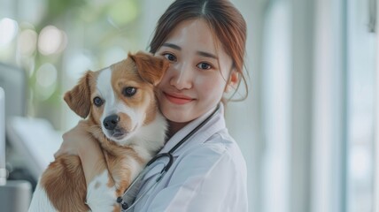 Veterinarian with dog in a medical setting - A smiling female veterinarian holds a cute dog in a clinic environment, showcasing compassion