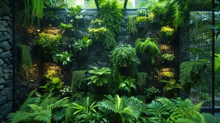 Industrial Oasis - A fusion of raw metal and lush greenery in a vertical garden with a tranquil waterfall, embodying an urban jungle retreat