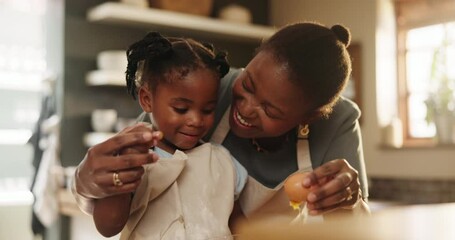 African, child and mom baking in kitchen of home together with eggs in bowl on happy morning. Kid, learning and black mother cooking with food for breakfast or preparation of bread, dough or pastry - Powered by Adobe