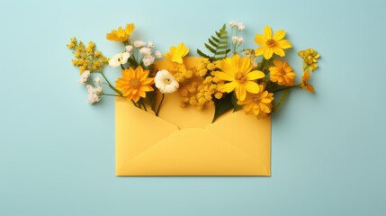 An envelope with a letter and spring flowers on a blue background. The idea of a holiday card for lovers. A congratulatory letter and a message.