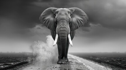 a black and white photo of an elephant walking down a road with smoke coming out of the back of it. - obrazy, fototapety, plakaty