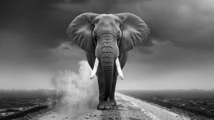 Foto op Aluminium a black and white photo of an elephant walking down a road with smoke coming out of the back of it. © Olga