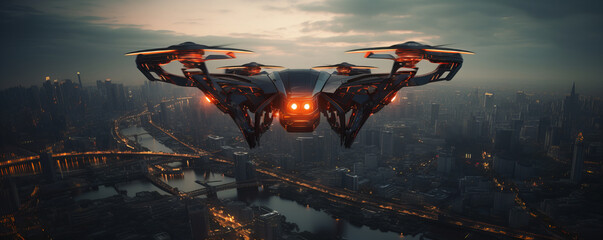 A moder drone flying over the big city in the sunset sky. - obrazy, fototapety, plakaty