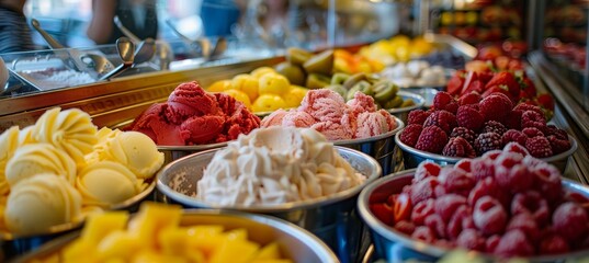 Colorful fruity gelato display showcasing a variety of luscious and refreshing flavors © Ilja
