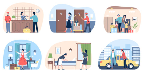 Hotel guests scenes. Travelers and hostel or residence staff. Reception and cleaning service, porter with luggage and transfer. Recent vector concept