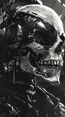 Skull of a robot in black and white