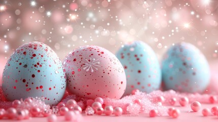Fototapeta na wymiar a group of blue and pink eggs sitting on top of a pile of pink and white snowflakes.