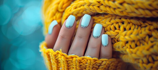 Feminine hand with elegant white nail art, glitter polish manicure, and pastel sweater