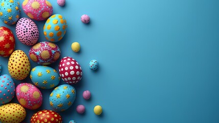 a group of brightly colored easter eggs on a blue background with polka dots and a star pattern on the top of the eggs. - obrazy, fototapety, plakaty