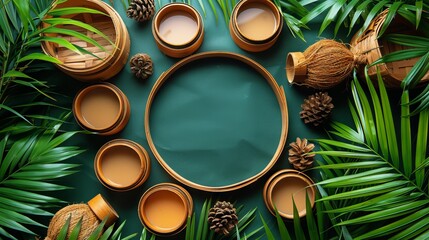 Composition with natural elements and empty round frame on a green background.
Concept: natural cosmetics, ecological products and organic materials.