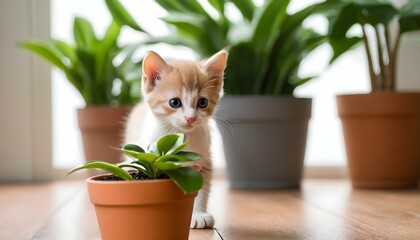 A Curious Kitten Investigating A Houseplant
