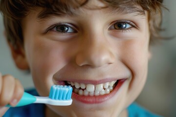 Cute little boy brushing teeth, closeup