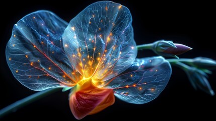 a close up of a flower with bright lights on it's petals and a stem with a flower bud on it's end. - obrazy, fototapety, plakaty