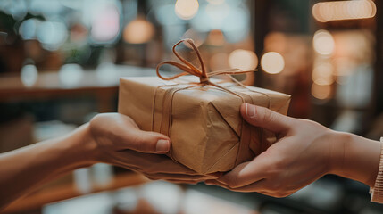  Hand giving a present to someone in a business setting