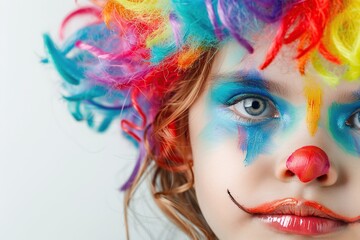 Child girl is dressed up in clown costume with colorful wig on white background