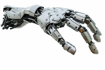 A robotic hand with a silver and gold color. The hand is made of metal and has a metallic look