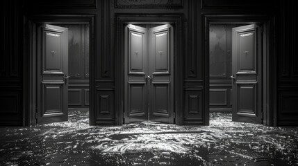 a black and white photo of a room with three doors and a floor that has a lot of water on it. - obrazy, fototapety, plakaty