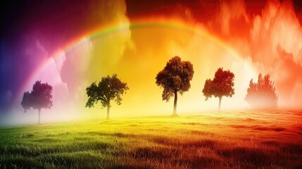 There is a rainbow above the trees in the field. Banner for Earth Day. Summer landscape