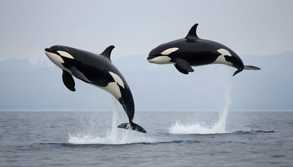 A Pair Of Orcas Breaching In Perfect Synchronizati - obrazy, fototapety, plakaty