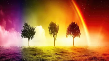  There is a rainbow above the trees in the field. Banner for Earth Day. Summer landscape © Alesia