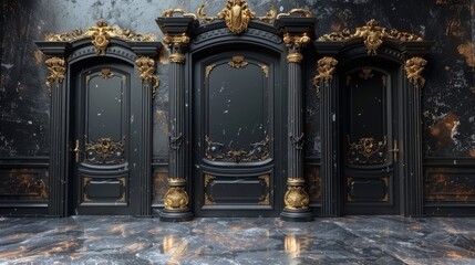 a black and gold room with a marble floor and two large black doors with gold decorations on the sides of the doors. - obrazy, fototapety, plakaty