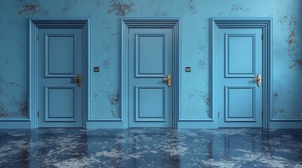 a row of blue doors in a room with a marble floor and a blue wall with peeling paint on it.