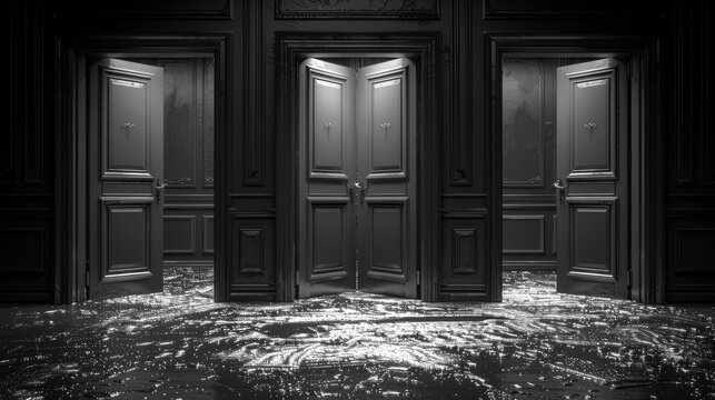 a black and white photo of a room with three doors and a floor that has a lot of water on it.