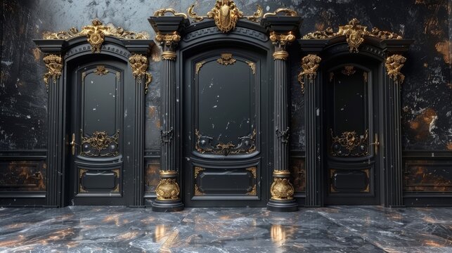a black and gold room with a marble floor and two large black doors with gold decorations on the sides of the doors.