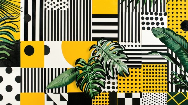a painting of black, white, yellow, and green plants on a black and white background with black dots.