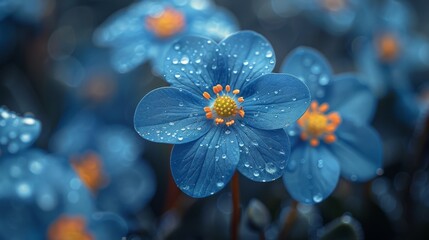 a close up of a blue flower with water droplets on it's petals and a yellow stamen in the center.