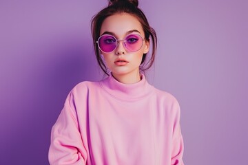 Young pretty woman in sweatshirt on purple background