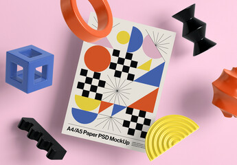 A4 Paper Mockup with Geometric Shapes - obrazy, fototapety, plakaty