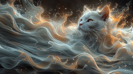 a painting of a white cat with orange and white swirls on it's fur and eyes, with a black background. - obrazy, fototapety, plakaty
