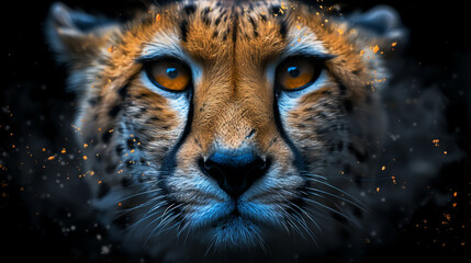 a close up of a cheetah's face with orange and blue highlights on it's face.