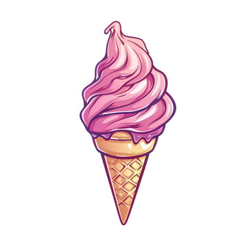 Pink Strawberry Ice Cream Vector Cartoon Illustration Isolated On Transparent Background - Generative AI	