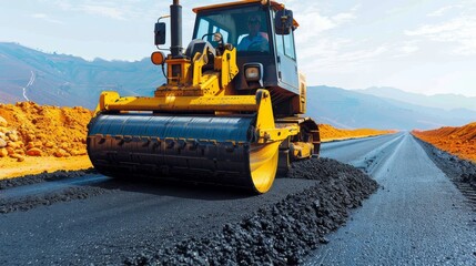 Yellow road roller compacting new asphalt on freshly laid road for smooth surface - obrazy, fototapety, plakaty