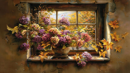 Fototapeta na wymiar a painting of a vase of flowers sitting on a window sill with autumn leaves on the window sill.