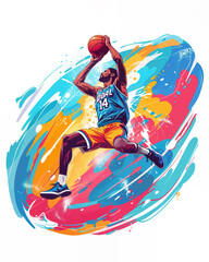 Dynamic basketball player illustration in action with colorful splash background - 760856952