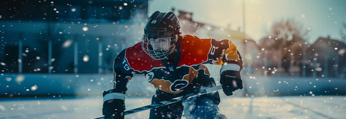 Selective focus of Caucasian male athlete playing ice hockey on the field.