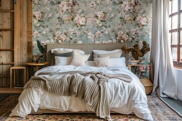 A bedroom with a floral wallpaper and a white bed with a white comforter and a gray blanket