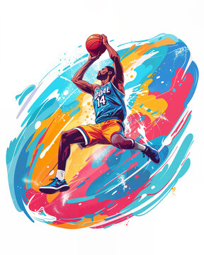 Dynamic basketball player illustration in action with colorful splash background
