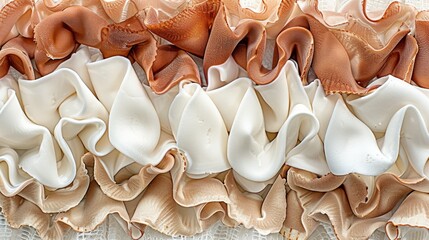 a close up of a bunch of different types of scallops on a piece of cloth with a white table cloth in the background. - obrazy, fototapety, plakaty