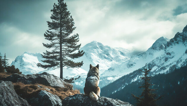 A lone wolf sitting on a rock next to a fir tree looking at the snow capped mountains in the distance