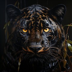 An image of a black leopard with yellow eyes