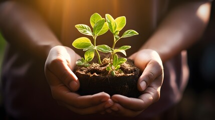 Fototapeta na wymiar Human Hand Holding Soil with Green Plant.